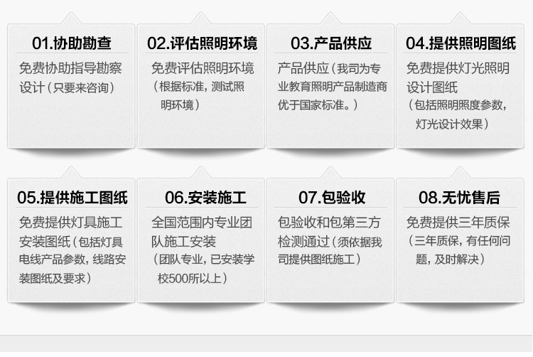 我司提供一站式教育照明解決方案：1、免費協(xié)助指導(dǎo)勘察設(shè)計（只要來咨詢）2、免費評估照明環(huán)境（根據(jù)標(biāo)準(zhǔn)，測試照明環(huán)境）3、產(chǎn)品供應(yīng)（我司為專業(yè)教育照明產(chǎn)品制造商，優(yōu)于國家標(biāo)準(zhǔn)。）4、免費提供燈光照明設(shè)計圖紙（包括照明照度參數(shù)，燈光設(shè)計效果）5、免費提供燈具施工安裝圖紙（包括燈具/電線產(chǎn)品參數(shù)，線路安裝圖紙及要求）6、全國范圍內(nèi)專業(yè)團隊施工安裝（團隊專業(yè)，已安裝學(xué)校500所以上）7、包驗收和包第三方檢測通過（須依據(jù)我司提供圖紙施工）8、免費提供三年質(zhì)保（三年質(zhì)保，有任何問題，及時解決）